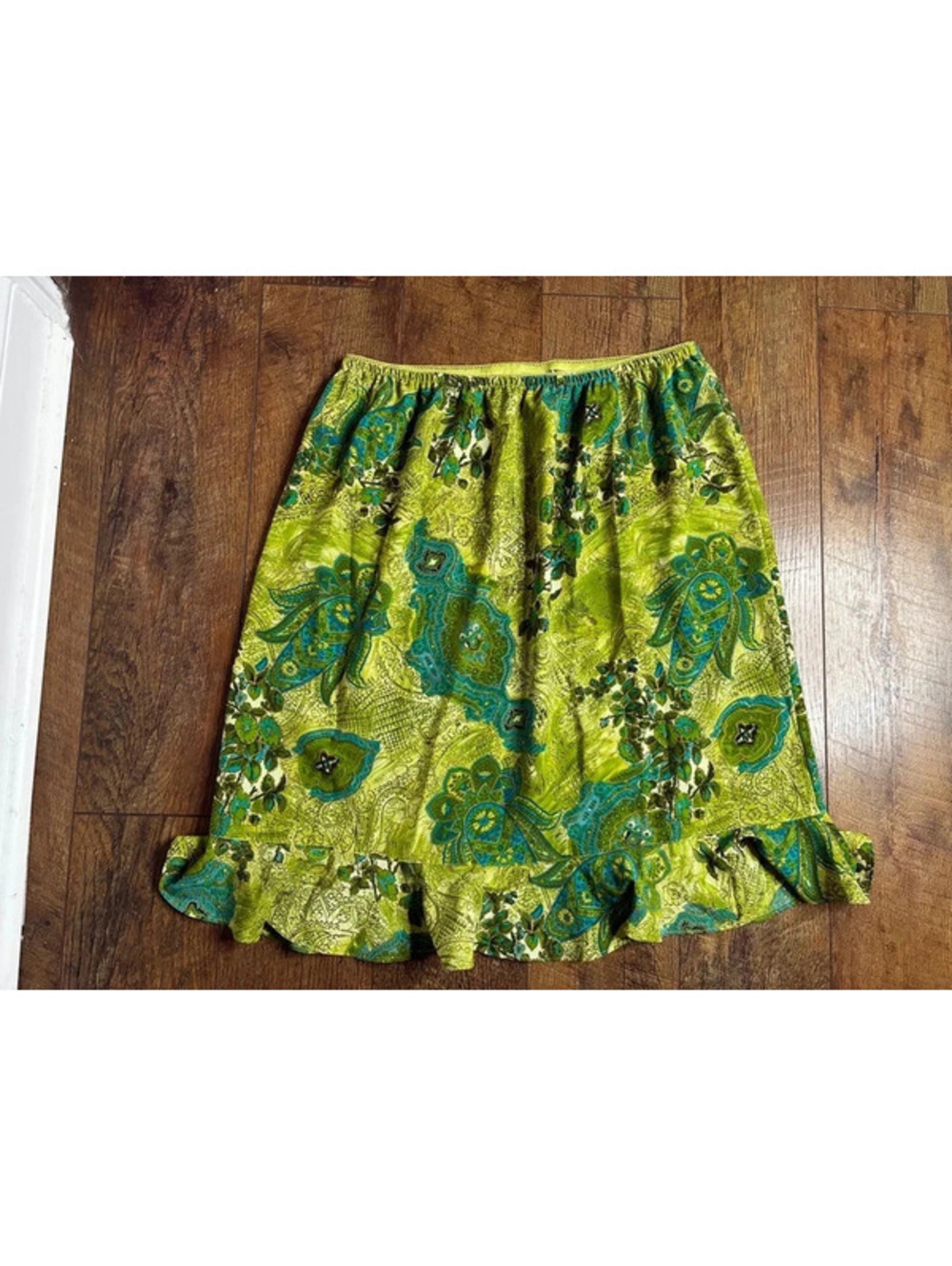 Venezia Jeans Green Blue Paisley Ruffle Midi Skirt Sz 18/20 Boho Y2K Wilderkind